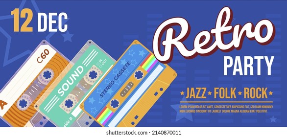 Retro party horizontal banner vector flat illustration. Vintage culture entertainment music sound audio tape cassette jazz folk and rock discotheque advertising with place for text. Holiday invitation