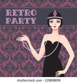 Retro party invitation card beatyful woman 20s