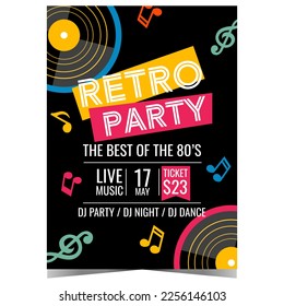 Retro party invitation card design. Vector poster, banner or flyer with vinyl records and colored music elements on black background suitable for retro show, concert or disco dance eighties party.