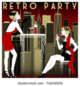 Retro Party invitation card. Handmade drawing vector illustration. Vintage style.