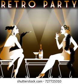 Retro Party invitation card. Handmade drawing vector illustration. Art deco style.