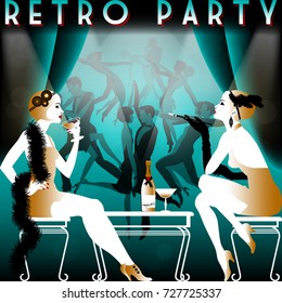 Retro Party invitation card. Handmade drawing vector illustration. Art deco style.