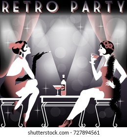 Retro Party invitation card. Handmade drawing vector illustration. Art deco style.