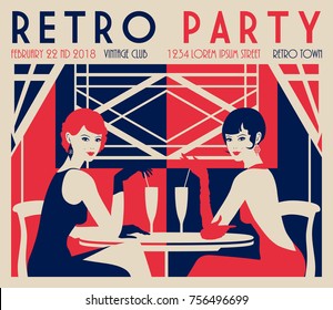 Retro Party Invitation Card. Handmade Drawing Vector Illustration. Art Deco Minimalistic Style.