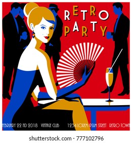 Retro Party invitation card. Handmade drawing vector illustration. Art deco and minimalist style.