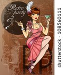  Retro party invitation card, pretty woman with cigarette and glass of alcohol,  20s, 30s