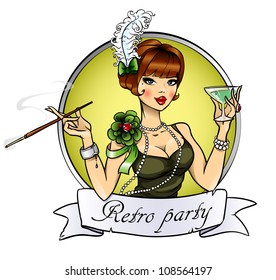  Retro Party Invitation Card, Pretty Woman With Cigarette And Glass Of Alcohol, Logo Design With Space For Text, 20s, 30s