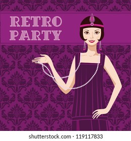 Retro party invitation card pretty flapper girl 20s