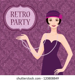 Retro party invitation card pretty flapper girl 20s