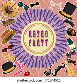 Retro party invitation card. Suitable for flyers, banners, illustrations, photo booth props. Art Deco style.
