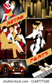 Retro Party Invitation Card. Vector Set Of 6 Various Parts: Flapper Girl, New York Cityscape, Pianoman, Dancing Couple, Retro Car & Party. Handmade Drawing Vector Illustration. Art Deco Style.