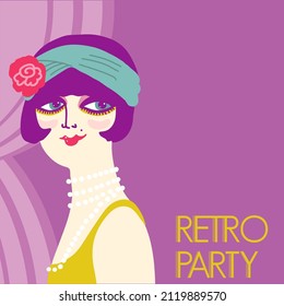 Retro party invitation card. Vintage flapper girl in 1920s style fashion dress and long beads. Vector retro woman with dark hair on illustration background for text