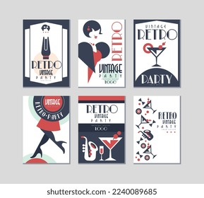 Retro Party Invitation Cards with Cocktail in Glass and Jazz Musical Instruments Vector Set