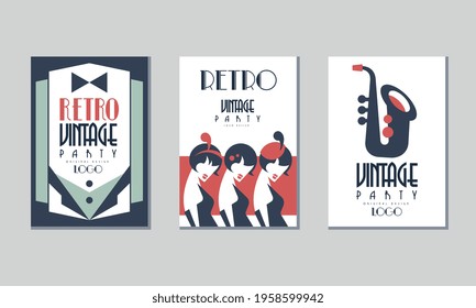 Retro Party Invitation Cards with Dinner Jacket and Saxophone Vector Set
