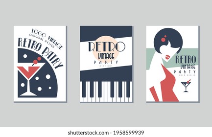 Retro Party Invitation Cards with Piano Keys and Cocktail Vector Set