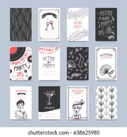 Retro Party invitation cards in the style of the 1920s. Vector illustration.Art Deco and Nouveau
