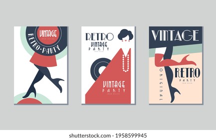 Retro Party Invitation Cards with Vinyl Disc and Legs in High Heeled Shoes Vector Set