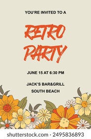 Retro party invitation with daisy flowers and leaves. Hand drawn sketch style. Place for text. Template for poster, banner, flyer, wedding invite. Flat style design. Vector illustration.