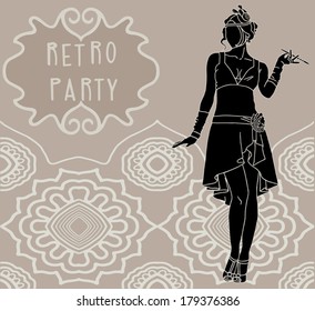 Retro party invitation design elements, flapper girl, young beautiful women of 1920s, lace pattern on beige background 