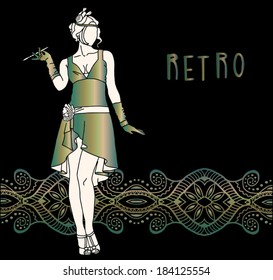 Retro party invitation design elements, flapper girl, young beautiful women of 1920s, lace border pattern, hand drawn vector illustration, green golden on black