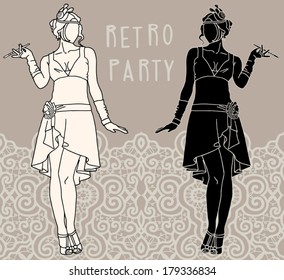 Retro party invitation design. Flapper girls set: two young beautiful women of 1920s, lace pattern background, beige, black and white
