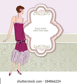  Retro party invitation design. Flapper girl over vintage background with copy space in 1920s style.