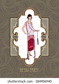 Retro party invitation design. Flapper girl over vintage background with copy space in 1920s style.