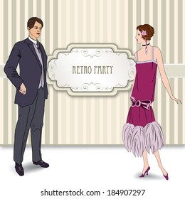 Retro party invitation design. Flapper girl and man over vintage background with copy space in 1930s style.