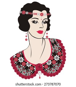 Retro party invitation design flapper girl (20's style). Ornate element pattern. Flower fashion print shine from brilliant stones. Beautiful rhinestones jewelry.Wedding in style vintage  twenties.