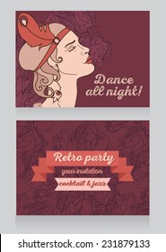 Retro party invitation design with sample text and beautiful flapper woman profile, vector illustration