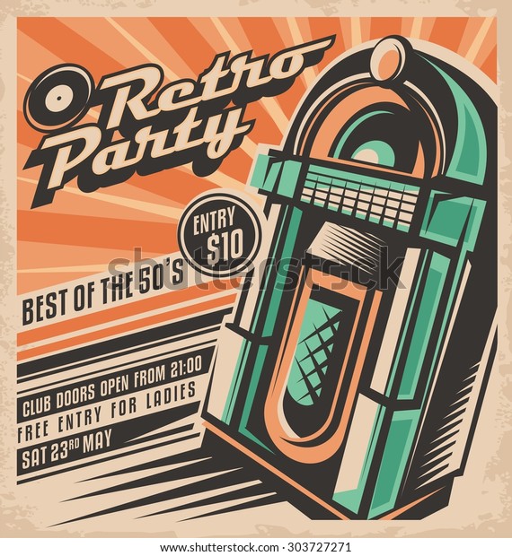 Retro party invitation design template. Vintage\
jukebox poster layout. Best of fifties rock and roll hits dancing\
and fun concept. Unique music background theme. Night club or disco\
event ad.