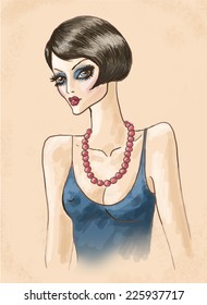 Retro party invitation design with young beautiful woman. Vintage girl's portrait. Art deco style. Vector illustration.