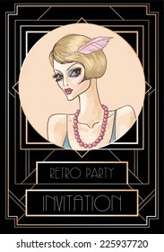 Retro party invitation design with young beautiful woman. Vintage girl's portrait. Art deco style. Vector illustration.