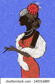 Retro party invitation design.Beautiful woman early 20 century