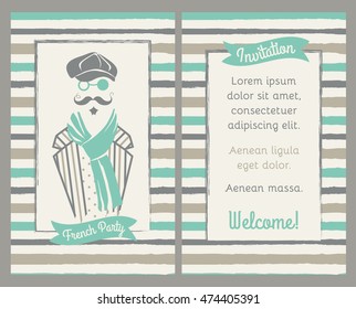 Retro party invitation or greeting card with man in cap and neckerchief. Vertical striped background with stylish Frenchman. Vector