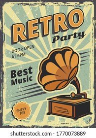 Retro party. Invitation poster with gramophone and vinyl records music vector placard