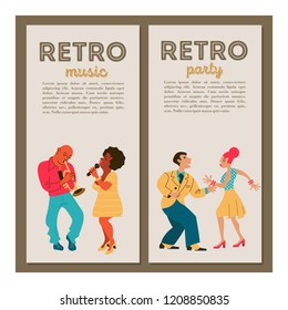 Retro party. Jazz musicians playing trumpet, guitar and saxophone. Dancing girl and man. Jazz singer. Set of characters in the style of 70-80 years. Vector illustration.