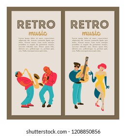 Retro party. Jazz musicians playing trumpet, guitar and saxophone. Dancing girl. Set of characters in the style of 70-80 years. Vector illustration.