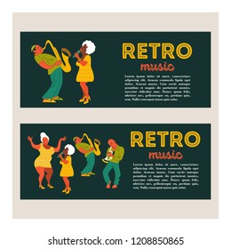 Retro party. Jazz musicians playing trumpet, guitar and saxophone. Dancing girl. Jazz singer. Set of characters in the style of 70-80 years. Vector illustration.