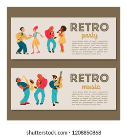 Retro party. Jazz musicians playing trumpet, guitar and saxophone. Dancing girl and man. Jazz singer. Set of characters in the style of 70-80 years. Vector illustration.