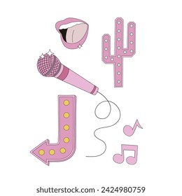 Elementos de barra de karaoke de fiesta retro bombilla flecha cactus signo micrófono cantando mujer boca vector ilustración conjunto aislado en blanco. Wild west cowgirl disco 60s 70s 80s print collection. 