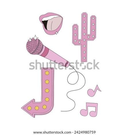 Retro party karaoke bar elements light bulb arrow cactus sign microphone singing woman mouth vector illustration set isolated on white. Wild west cowgirl disco 60s 70s 80s print colection. 