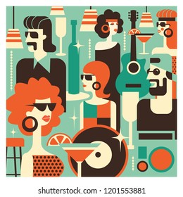 Fiesta retro. Hombres y mujeres vestidos a la moda en un estilo de 70 a 80 años. Bebidas, vasos, discos de vinilo. La escena en el bar. Cartel al estilo de 70-80 años. Ilustración vectorial en estilo retro.