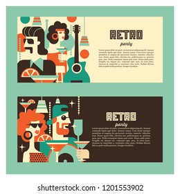 Retro party. Men and women fashionably dressed in style of 70-80 years. Drinks, glasses, vinyl records. The scene in the bar. Poster in the style of 70-80 years. Vector illustration in retro style.