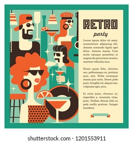 Retro party. Men and women fashionably dressed in style of 70-80 years. Drinks, glasses, vinyl records. The scene in the bar. Poster in the style of 70-80 years. Vector illustration in retro style.
