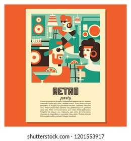 Retro party. Men and women fashionably dressed in style of 70-80 years. Drinks, glasses, vinyl records. The scene in the bar. Poster in the style of 70-80 years. Vector illustration in retro style.
