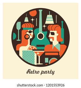 Retro party. Men and women fashionably dressed in style of 70-80 years. Drinks, glasses, vinyl records. The scene in the bar. Poster in the style of 70-80 years. Vector illustration in retro style.