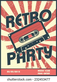 Retro party music poster design with vintage style and equipment. Can be used as flyer, leaflet, cover, advertisement. Eps10 vector illustration