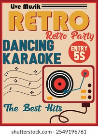 Retro party music poster design with vintage style and equipment