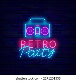 Retro party neon signboard. Music player. Vintage shiny advertising. Night club event label. Outer glowing effect. Editable stroke. Vector stock illustration